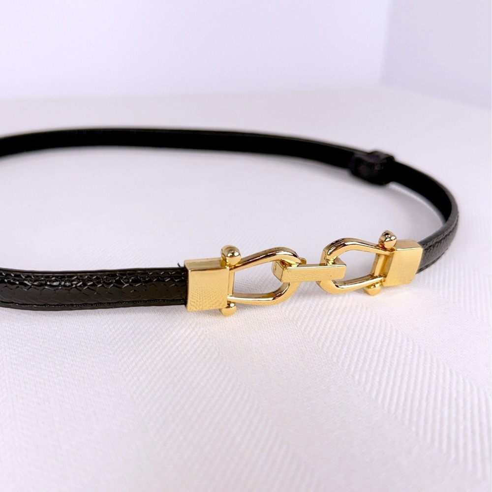 Luxe Black Skinny Leather Belt Horse bit Gold Hardware Lizard Embossed Snakeskin